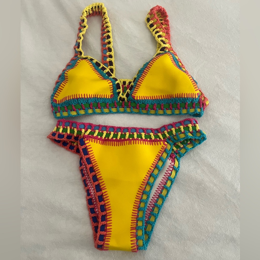 Reversible Yellow/White Crochet-Edge Bikini Swim Set